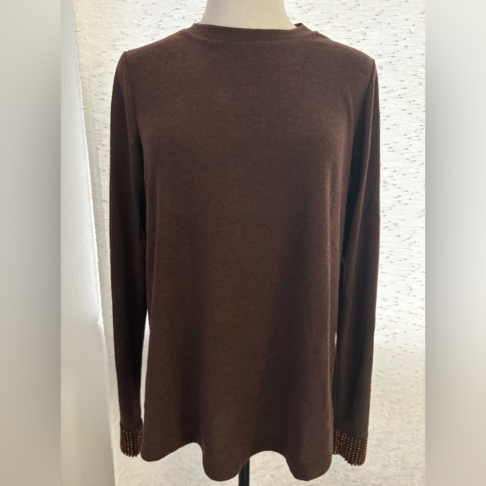 DG2 by Diane Gilman Women's Brown Long Sleeve Rhinestone cuff Top NWT
